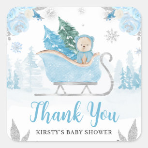 Watercolor Cute Blue Winter Bear Baby Shower Square Sticker