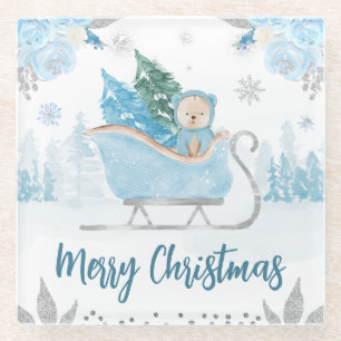 Watercolor Cute Blue Winter Bear Floral Christmas Glass Coaster