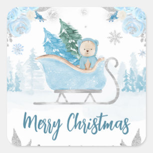 Watercolor Cute Blue Winter Bear Floral Christmas Square Sticker