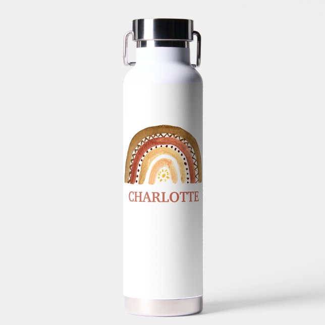 Watercolor Cute Boho Pastel Kids Modern Rainbow Water Bottle (Front)