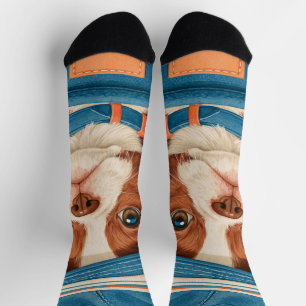 Watercolor Cute Brown White Dog Blue Hat Pet Socks