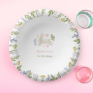 Watercolor Cute Bunny Girl 1st Birthday Paper Plate