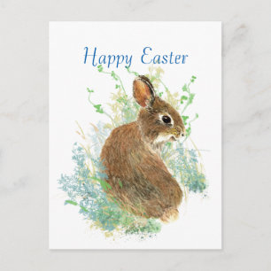 Watercolor Cute Bunny Rabbit Happy Easter Holiday Postcard