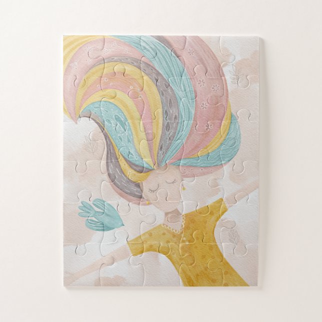 Watercolor cute cartoon girl. Pink fairy fantasy Jigsaw Puzzle (Vertical)