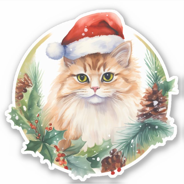 Watercolor Cute Cat Holly Berries And Pine Cone (Front)