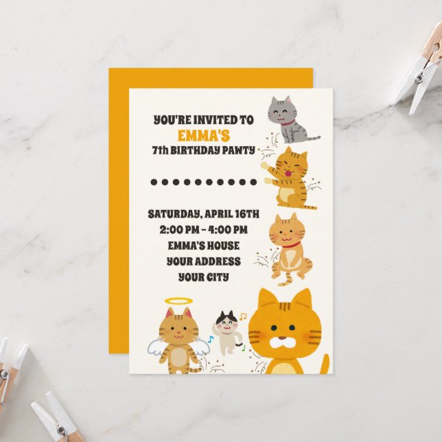 Watercolor Cute Cats Birthday Invitation (Front/Back In Situ)