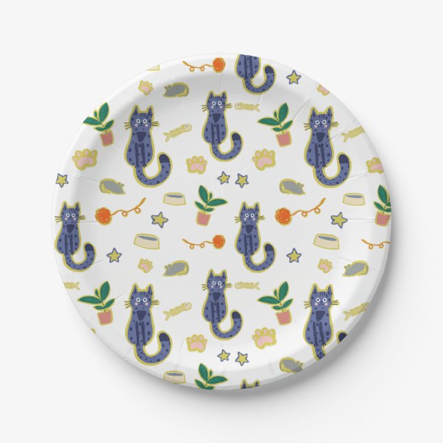 Watercolor Cute Cats Pattern Paper Plate (Front)