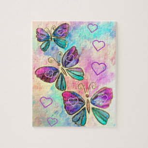 Watercolor - Cute Colourful Butterflies - Hearts Jigsaw Puzzle