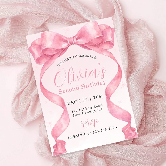 Watercolor Cute Coquette Pink Bow Girl Birthday Invitation (Creator Uploaded)