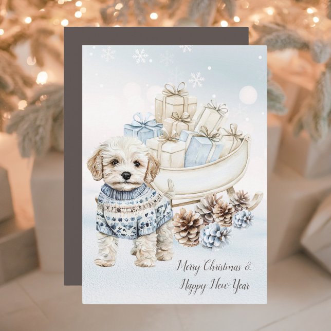 Watercolor Cute & Cosy Little White Dog Happy Holiday Card (Creator Uploaded)