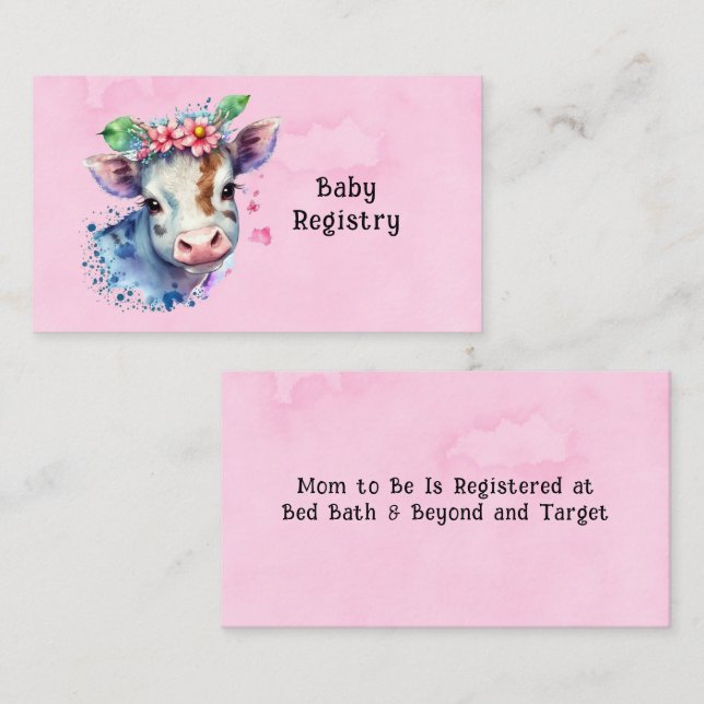 Watercolor Cute Cow Pink Girl Baby Registry Business Card (Front/Back)