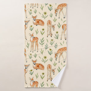 Watercolor cute deer with wild flowers seamless pa bath towel