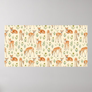 Watercolor cute deer with wild flowers seamless pa poster