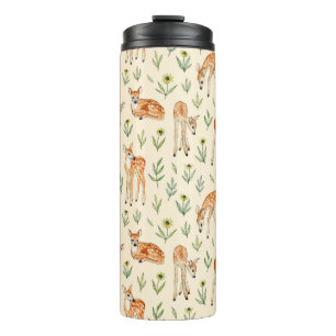 Watercolor cute deer with wild flowers seamless pa thermal tumbler