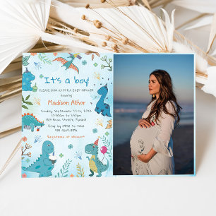 Watercolor Cute Dinosaur Boy Baby Shower Photo Invitation