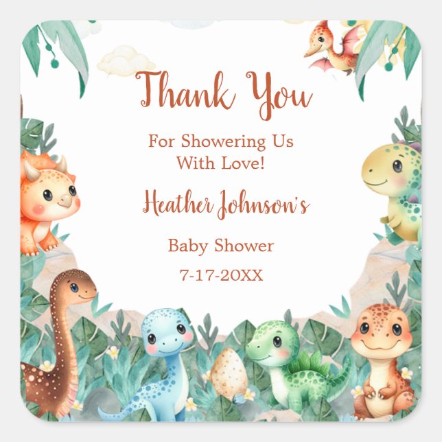 Watercolor Cute Dinosaur Boy Baby Shower Square Sticker (Front)