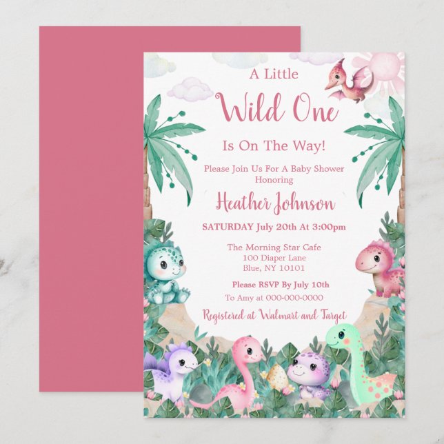 Watercolor Cute Dinosaur Girl Baby Shower Invitation (Front/Back)