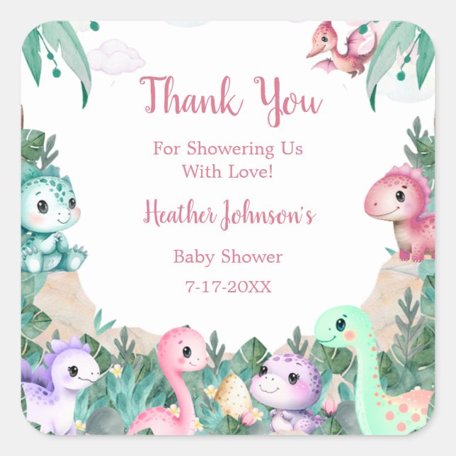 Watercolor Cute Dinosaur Girl Baby Shower Square Sticker (Front)