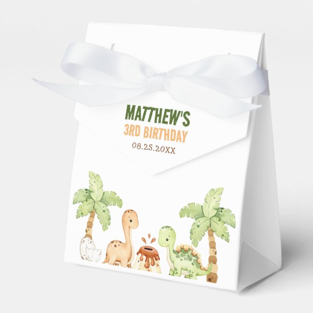 Watercolor Cute Dinosaur Greenery 3rd  Birthday Favour Box (Front Side)