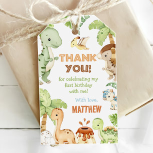Watercolor Cute Dinosaur Greenery 3rd Birthday Gift Tags