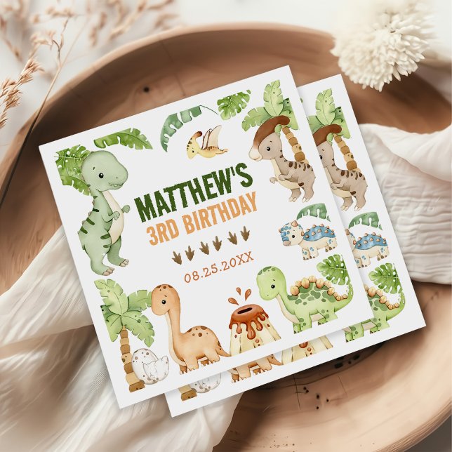 Watercolor Cute Dinosaur Greenery 3rd  Birthday Napkin (Creator Uploaded)