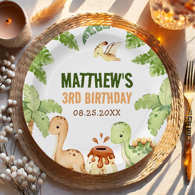 Watercolor Cute Dinosaur Greenery 3rd  Birthday Paper Plate (Creator Uploaded)