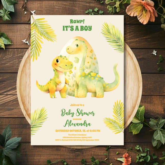 Watercolor Cute Dinosaur Greenery Boy Baby Showe Invitation (Creator Uploaded)
