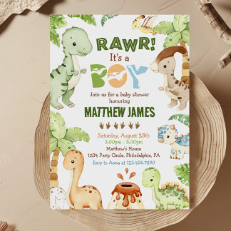 Watercolor Cute Dinosaur Greenery Boy Baby Shower Invitation