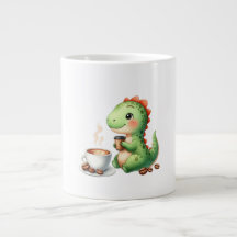 watercolor Cute Dinosaur T Rex drinking coffee