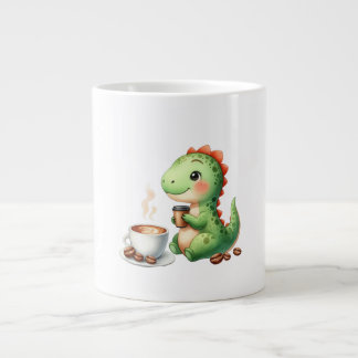 watercolor Cute Dinosaur T Rex drinking coffee Large Coffee Mug