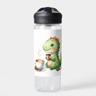 watercolor Cute Dinosaur T Rex drinking coffee Water Bottle