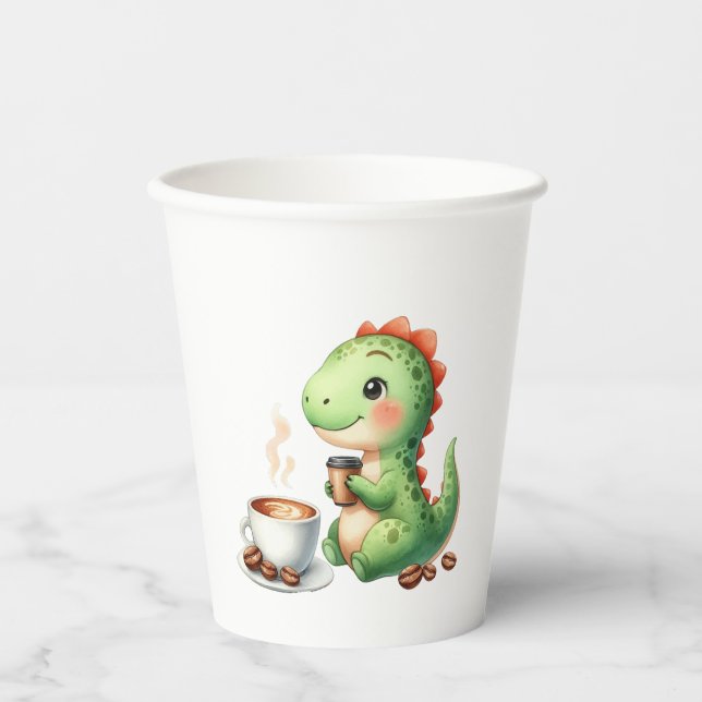 watercolor Cute Dinosaur T Rex drinking Paper cup (Front)