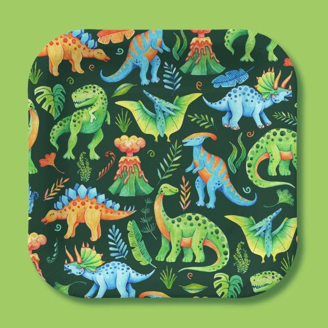 Watercolor Cute Dinosaurs Boys Birthday Party Paper Plate (Watercolor Dinosaurs Boys Birthday on Dark Green Paper Plates)