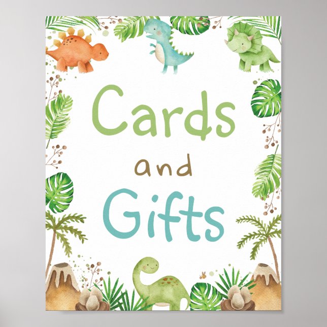 Watercolor Cute Dinosaurs Greenery Cards and Gifts Poster (Front)