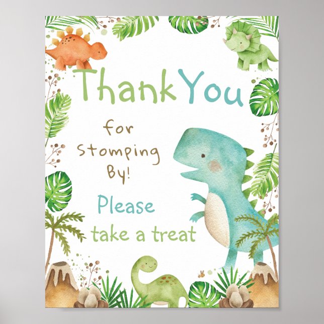Watercolor Cute Dinosaurs Greenery Thank You Treat Poster (Front)