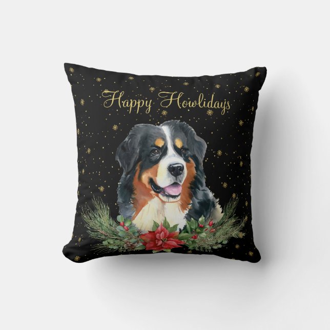 Watercolor Cute Dog Happy Howlidays Cushion (Front)