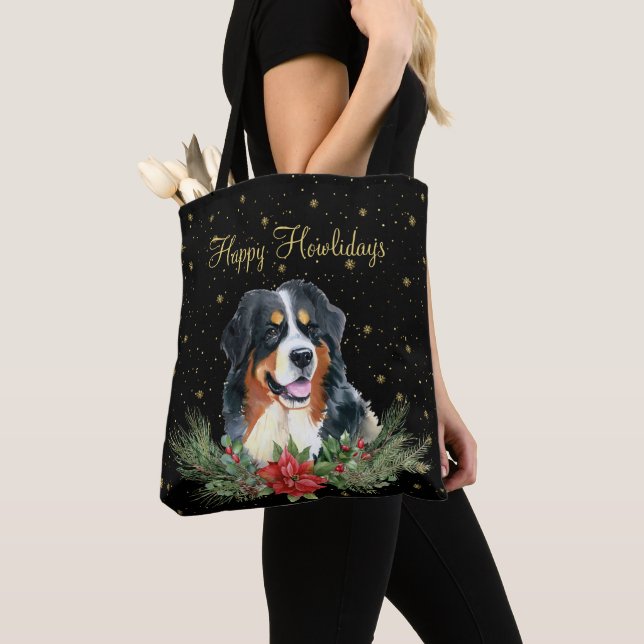 Watercolor Cute Dog Happy Howlidays Tote Bag (Close Up)