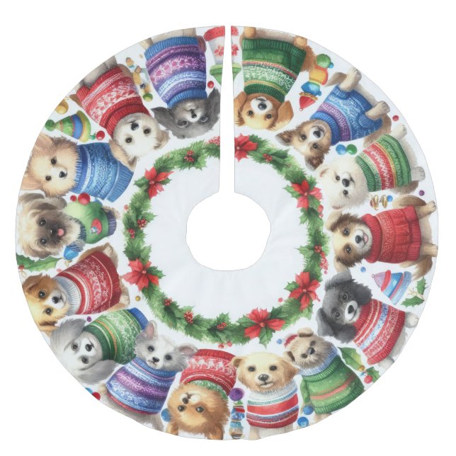 Watercolor Cute Dogs in Sweaters Brushed Polyester Tree Skirt (Front)