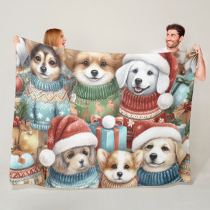 Watercolor Cute Dogs in Sweaters Fleece Blanket