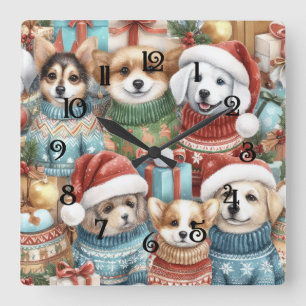 Watercolor Cute Dogs in Sweaters Square Wall Clock
