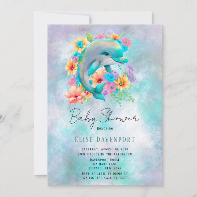 Watercolor Cute Dolphin and Florals Baby Shower  Invitation (Front)