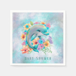 Watercolor Cute Dolphin and Florals Baby Shower Napkin
