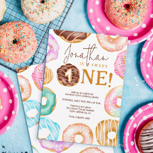 watercolor cute doughnuts Sweet One  1st birthday Invitation