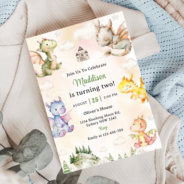 Watercolor Cute Dragon 1st Birthday Party  Invitation (Creator Uploaded)