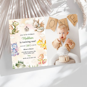 Watercolor Cute Dragon 1st Birthday Party Photo Invitation