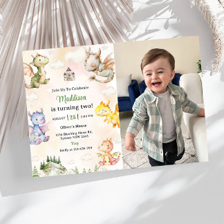 Watercolor Cute Dragon 1st Birthday Party Photo Invitation