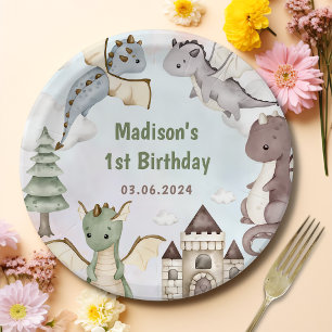 Watercolor Cute Dragon Birthday Paper Plate