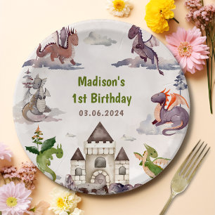 Watercolor Cute Dragon Birthday Paper Plates