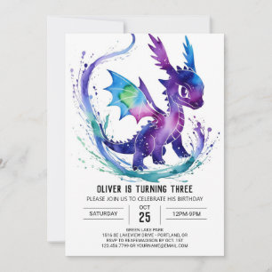 Watercolor Cute Dragon Digital Boy Birthday Invitation
