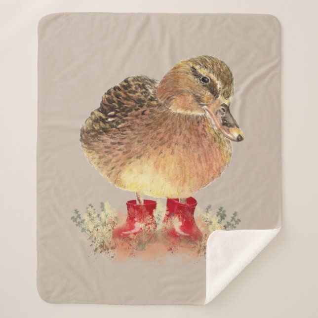 Watercolor Cute Duck Rubber Boots Animal Art Sherpa Blanket (Front)